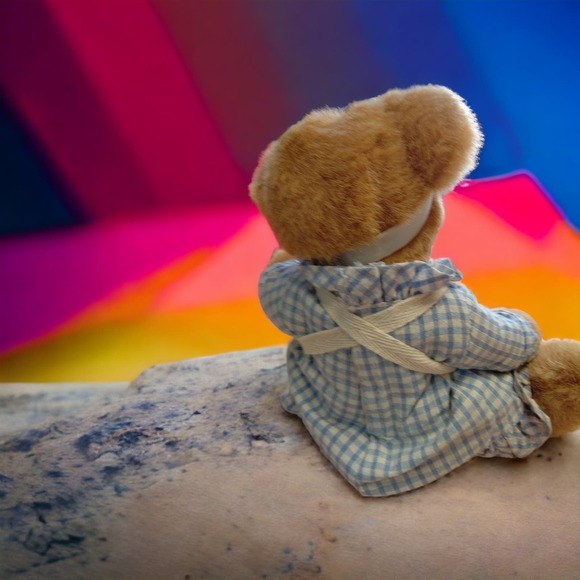 Russ Blueberry Teddy Bear holding porcelain Teapot and Teacup 90s - Picture 4 of 5